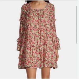 Moon River Red Floral Layered Bell Cuff Mini Length Square Neck Dress Size M